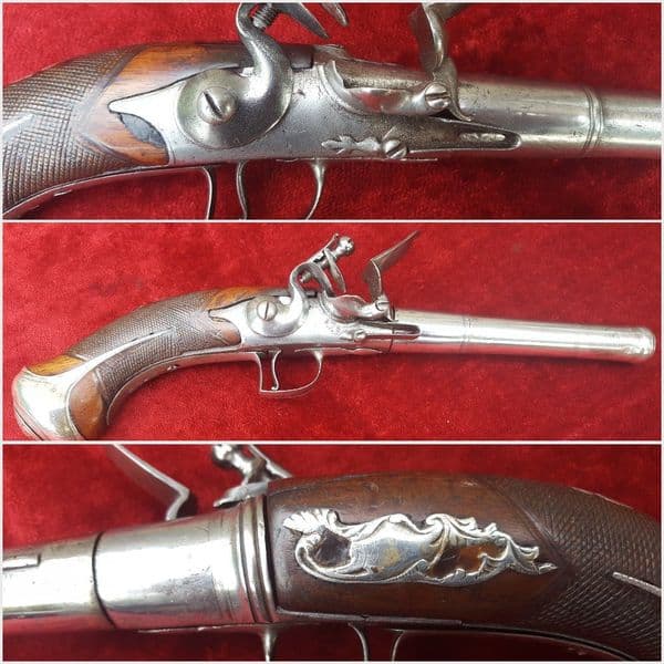 A fine pair of Queen Anne style flintlock pistols by Bennett of London. Finely worked mounts. C1790. Good condition. Ref 9382.